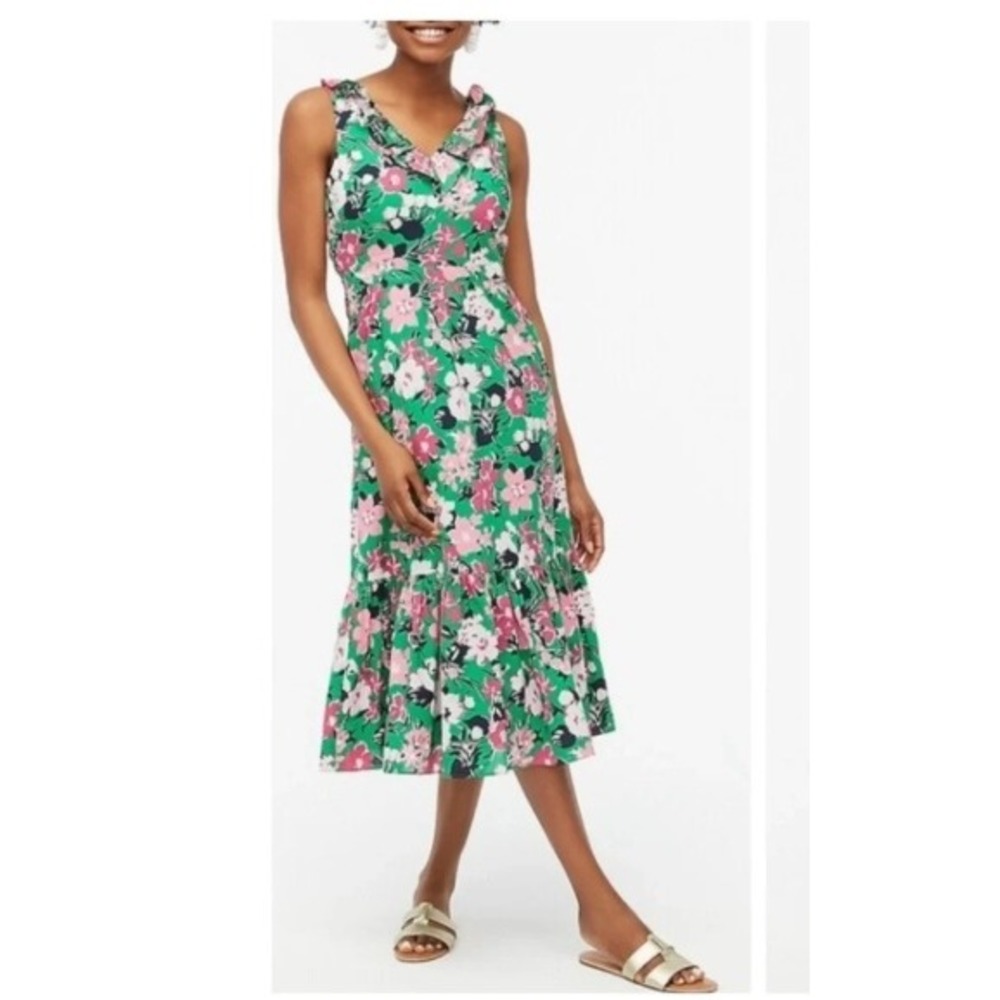 J.Crew Green Pink Floral Ruffle V-Neck Tiered Cotton Midi Dress with Pockets 2